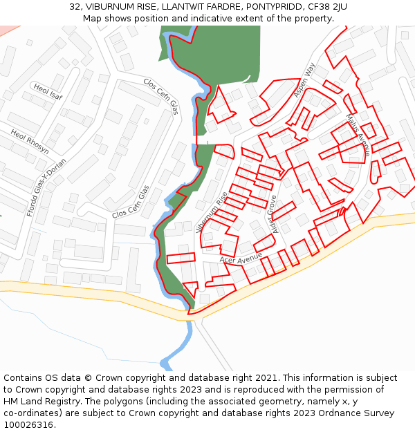 32, VIBURNUM RISE, LLANTWIT FARDRE, PONTYPRIDD, CF38 2JU: Location map and indicative extent of plot