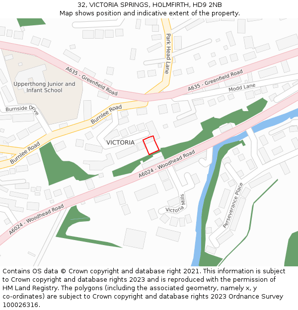 32, VICTORIA SPRINGS, HOLMFIRTH, HD9 2NB: Location map and indicative extent of plot