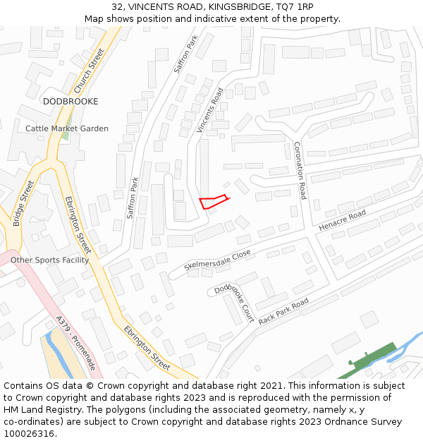 32, VINCENTS ROAD, KINGSBRIDGE, TQ7 1RP: Location map and indicative extent of plot