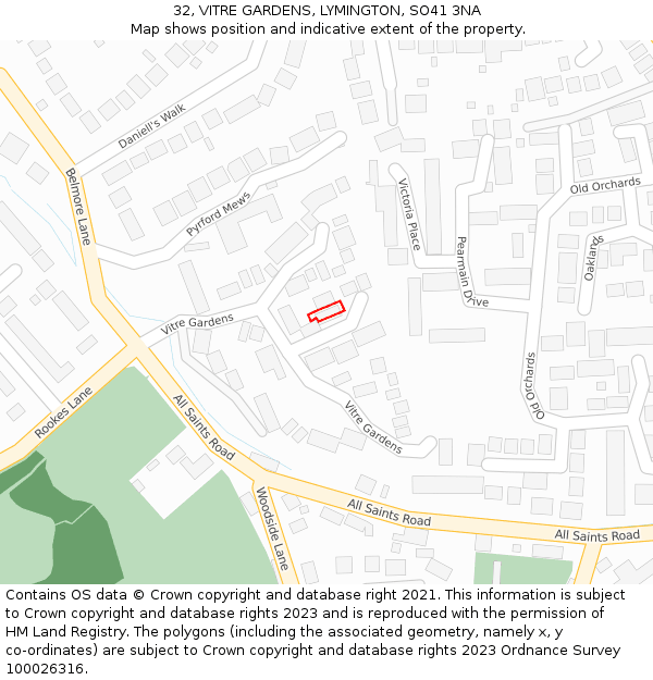 32, VITRE GARDENS, LYMINGTON, SO41 3NA: Location map and indicative extent of plot