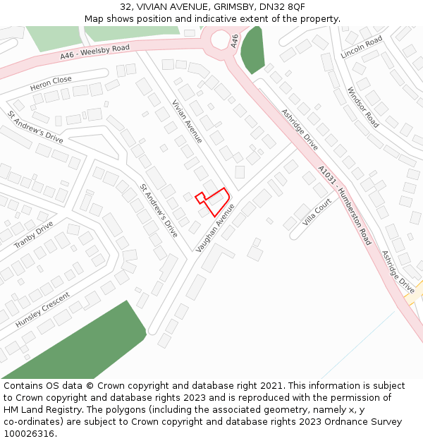 32, VIVIAN AVENUE, GRIMSBY, DN32 8QF: Location map and indicative extent of plot