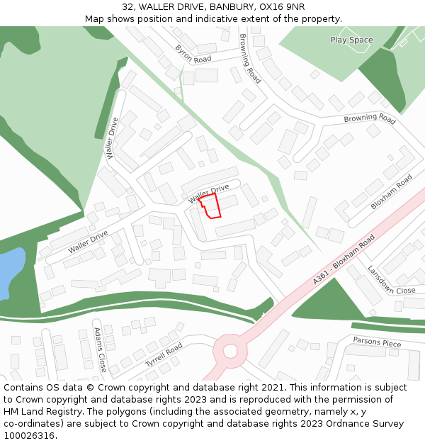 32, WALLER DRIVE, BANBURY, OX16 9NR: Location map and indicative extent of plot