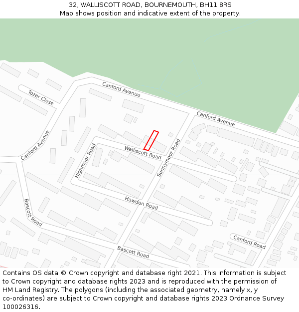 32, WALLISCOTT ROAD, BOURNEMOUTH, BH11 8RS: Location map and indicative extent of plot