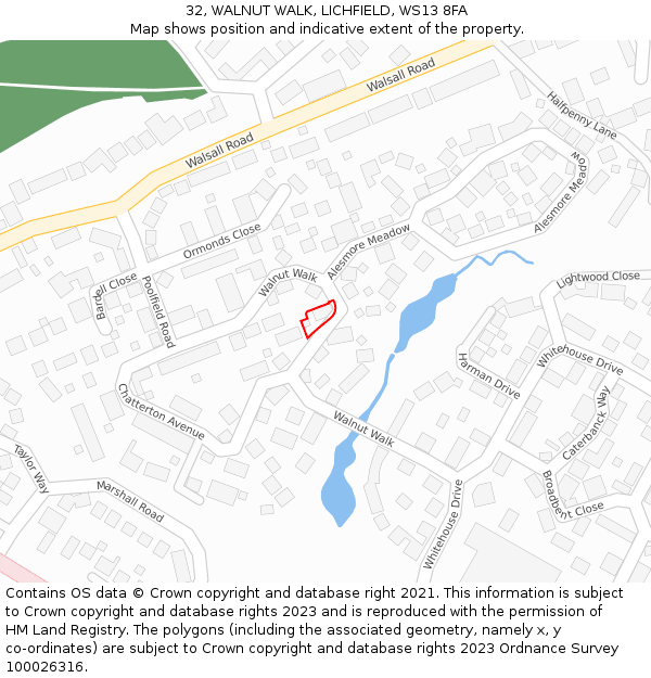 32, WALNUT WALK, LICHFIELD, WS13 8FA: Location map and indicative extent of plot