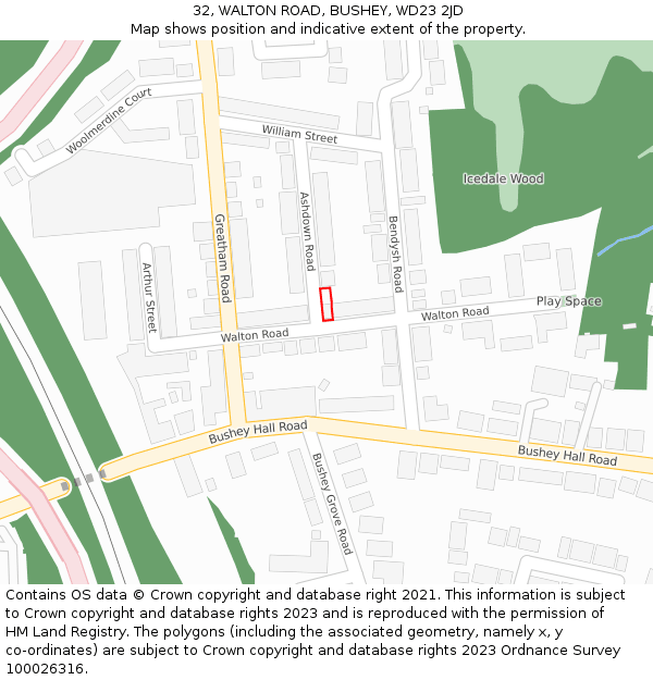 32, WALTON ROAD, BUSHEY, WD23 2JD: Location map and indicative extent of plot