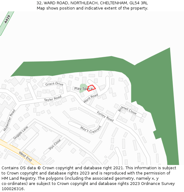 32, WARD ROAD, NORTHLEACH, CHELTENHAM, GL54 3RL: Location map and indicative extent of plot