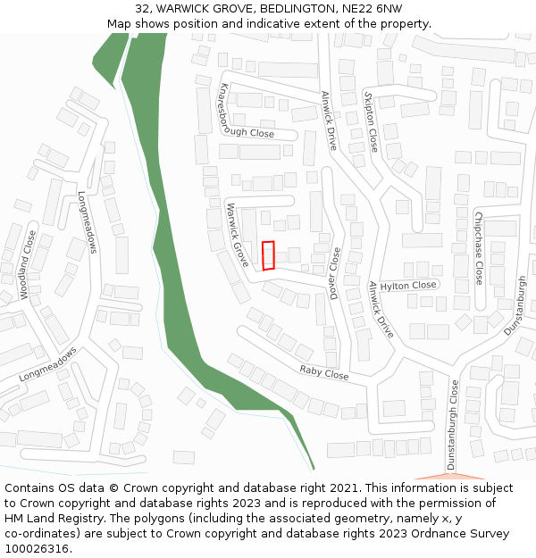 32, WARWICK GROVE, BEDLINGTON, NE22 6NW: Location map and indicative extent of plot