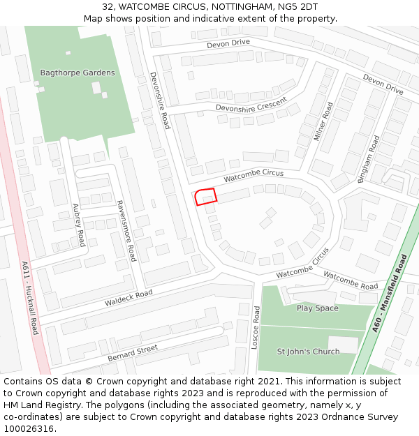 32, WATCOMBE CIRCUS, NOTTINGHAM, NG5 2DT: Location map and indicative extent of plot