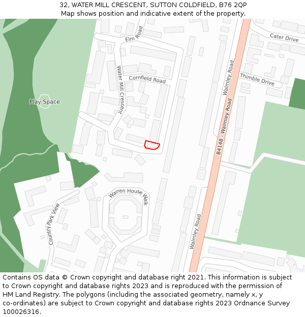 32, WATER MILL CRESCENT, SUTTON COLDFIELD, B76 2QP: Location map and indicative extent of plot