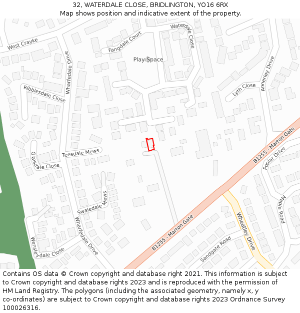 32, WATERDALE CLOSE, BRIDLINGTON, YO16 6RX: Location map and indicative extent of plot