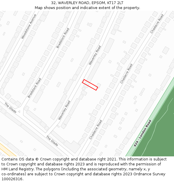 32, WAVERLEY ROAD, EPSOM, KT17 2LT: Location map and indicative extent of plot