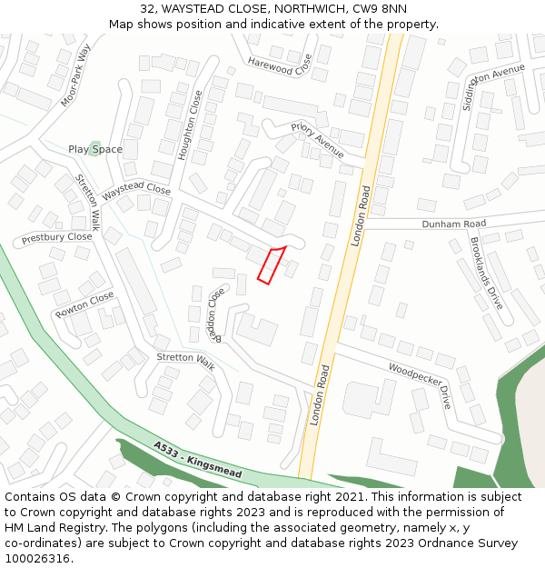 32, WAYSTEAD CLOSE, NORTHWICH, CW9 8NN: Location map and indicative extent of plot