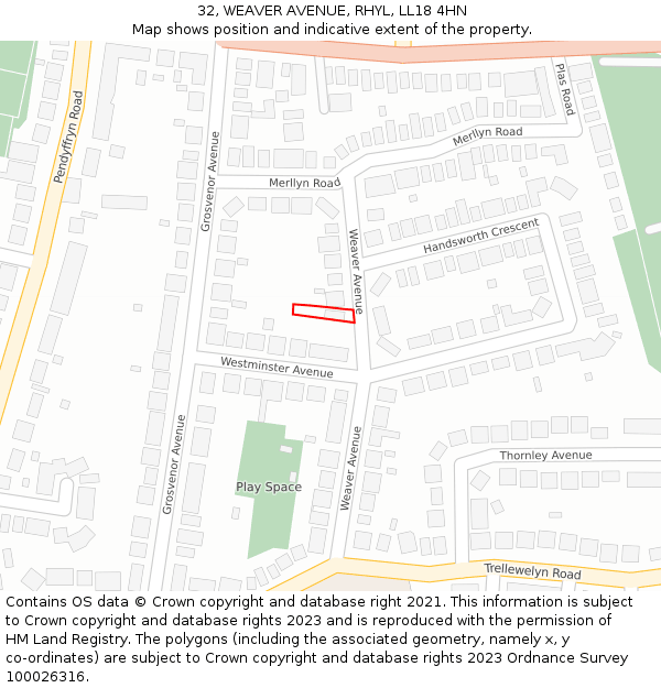 32, WEAVER AVENUE, RHYL, LL18 4HN: Location map and indicative extent of plot