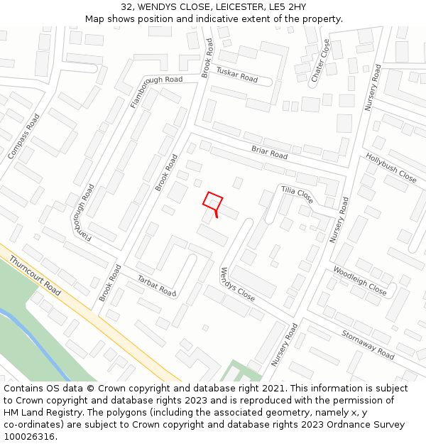 32, WENDYS CLOSE, LEICESTER, LE5 2HY: Location map and indicative extent of plot