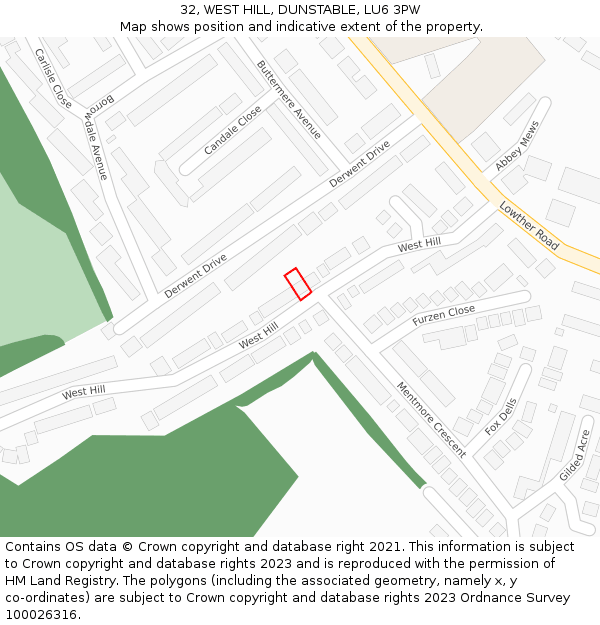 32, WEST HILL, DUNSTABLE, LU6 3PW: Location map and indicative extent of plot