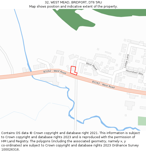 32, WEST MEAD, BRIDPORT, DT6 5RU: Location map and indicative extent of plot