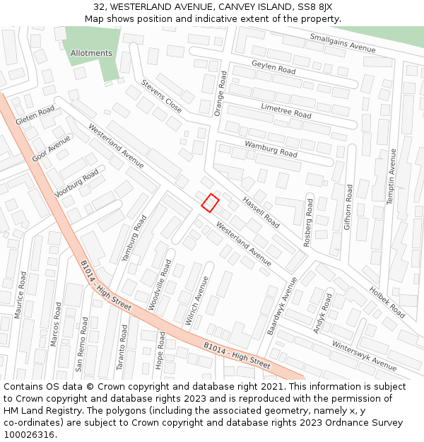 32, WESTERLAND AVENUE, CANVEY ISLAND, SS8 8JX: Location map and indicative extent of plot