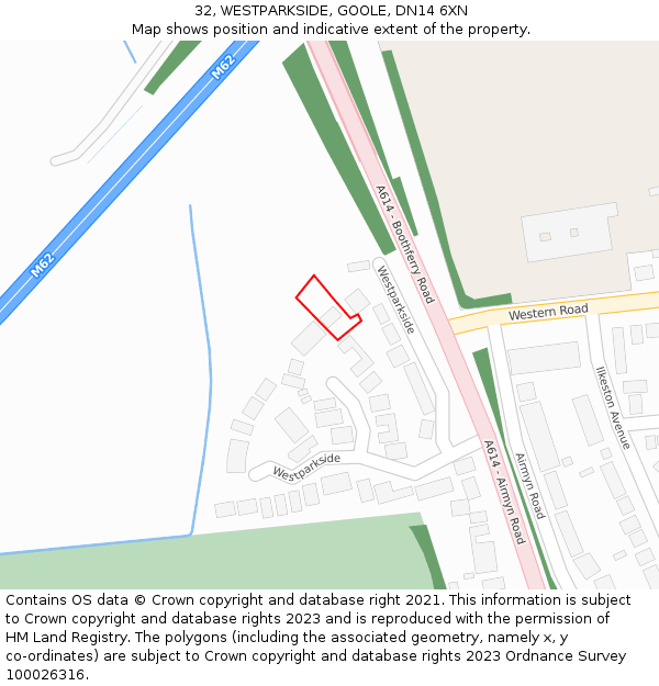 32, WESTPARKSIDE, GOOLE, DN14 6XN: Location map and indicative extent of plot