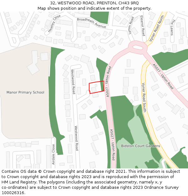 32, WESTWOOD ROAD, PRENTON, CH43 9RQ: Location map and indicative extent of plot