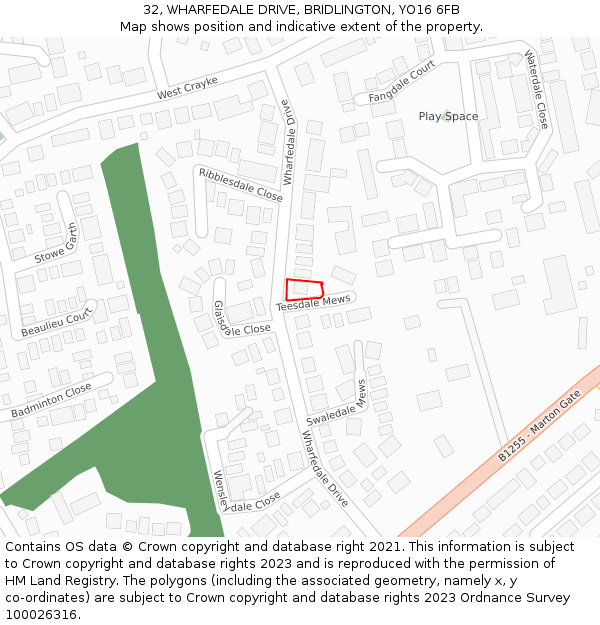 32, WHARFEDALE DRIVE, BRIDLINGTON, YO16 6FB: Location map and indicative extent of plot