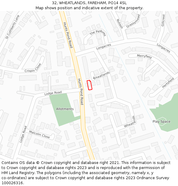 32, WHEATLANDS, FAREHAM, PO14 4SL: Location map and indicative extent of plot