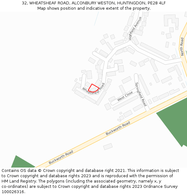 32, WHEATSHEAF ROAD, ALCONBURY WESTON, HUNTINGDON, PE28 4LF: Location map and indicative extent of plot