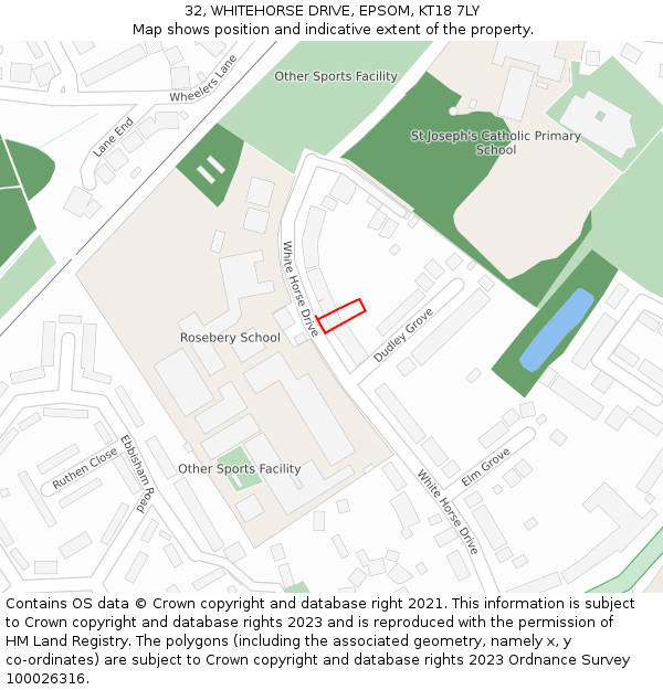32, WHITEHORSE DRIVE, EPSOM, KT18 7LY: Location map and indicative extent of plot