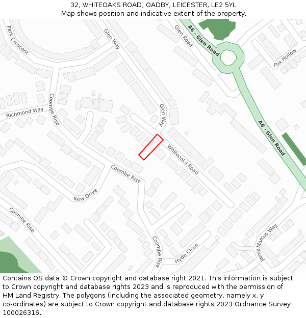 32, WHITEOAKS ROAD, OADBY, LEICESTER, LE2 5YL: Location map and indicative extent of plot