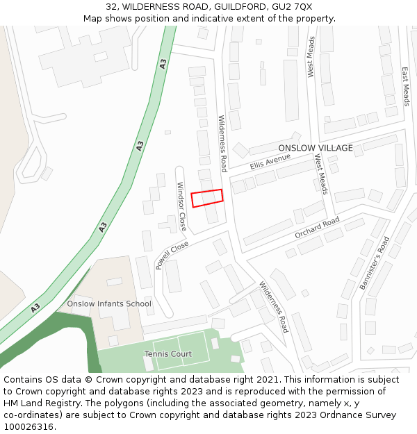 32, WILDERNESS ROAD, GUILDFORD, GU2 7QX: Location map and indicative extent of plot