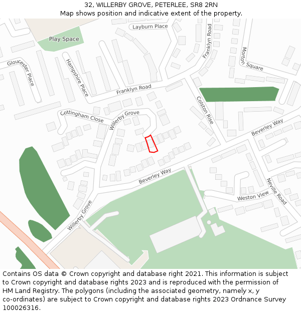 32, WILLERBY GROVE, PETERLEE, SR8 2RN: Location map and indicative extent of plot