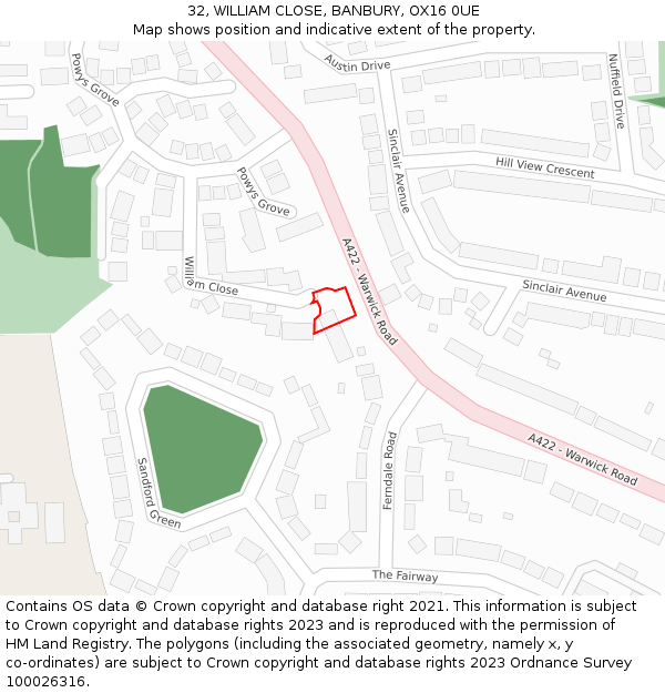 32, WILLIAM CLOSE, BANBURY, OX16 0UE: Location map and indicative extent of plot