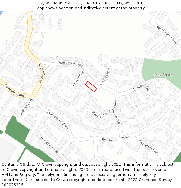 32, WILLIAMS AVENUE, FRADLEY, LICHFIELD, WS13 8TE: Location map and indicative extent of plot