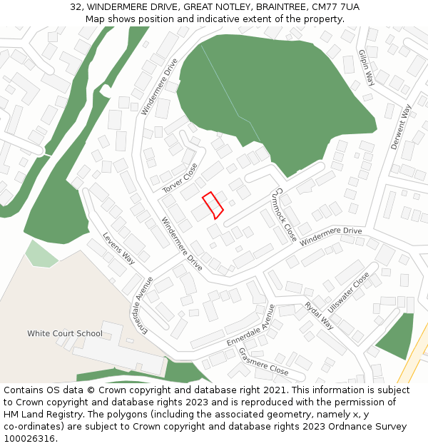 32, WINDERMERE DRIVE, GREAT NOTLEY, BRAINTREE, CM77 7UA: Location map and indicative extent of plot