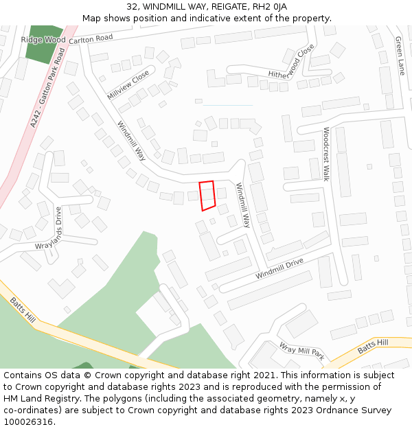 32, WINDMILL WAY, REIGATE, RH2 0JA: Location map and indicative extent of plot
