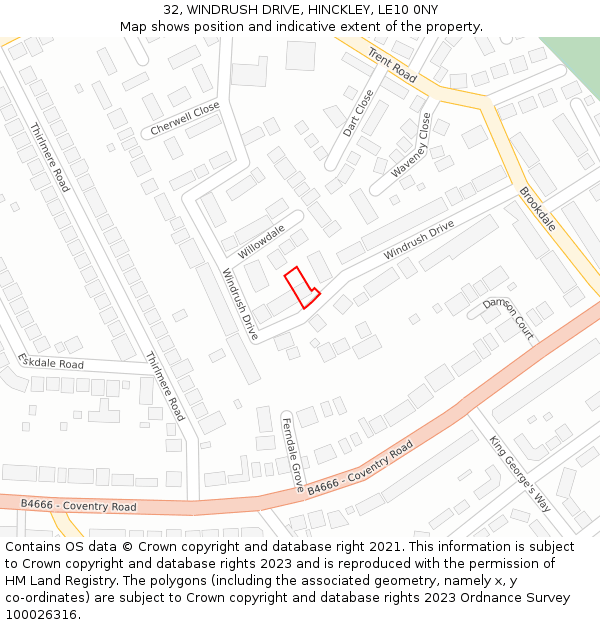 32, WINDRUSH DRIVE, HINCKLEY, LE10 0NY: Location map and indicative extent of plot