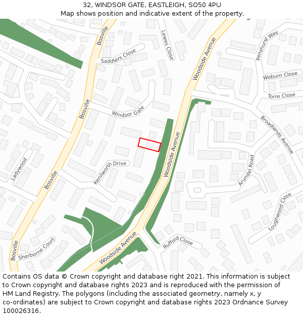 32, WINDSOR GATE, EASTLEIGH, SO50 4PU: Location map and indicative extent of plot