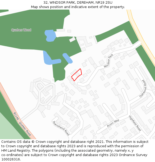 32, WINDSOR PARK, DEREHAM, NR19 2SU: Location map and indicative extent of plot