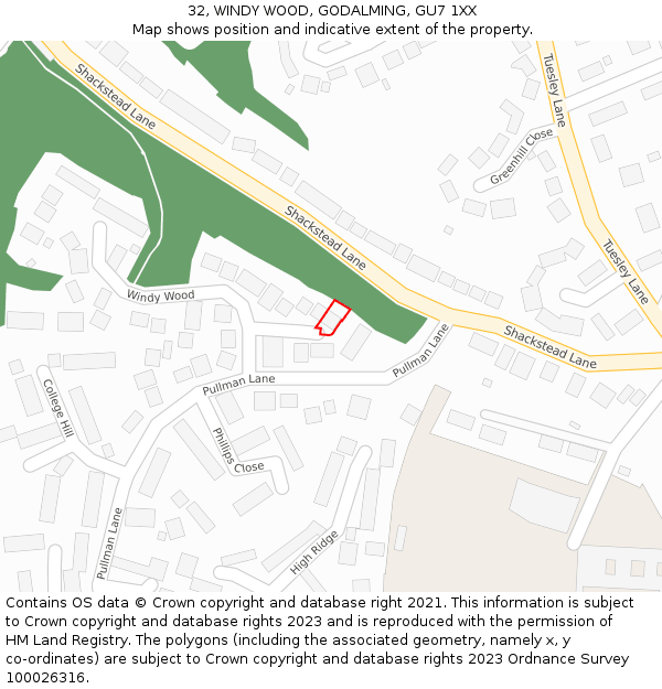 32, WINDY WOOD, GODALMING, GU7 1XX: Location map and indicative extent of plot