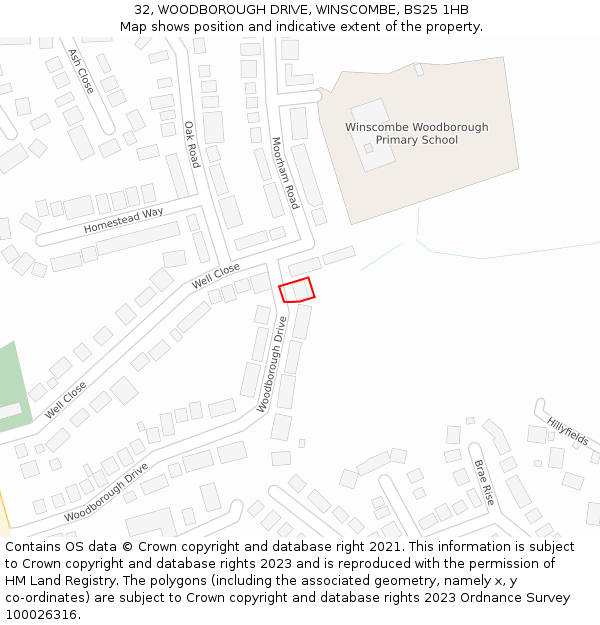 32, WOODBOROUGH DRIVE, WINSCOMBE, BS25 1HB: Location map and indicative extent of plot