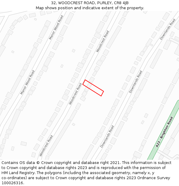 32, WOODCREST ROAD, PURLEY, CR8 4JB: Location map and indicative extent of plot