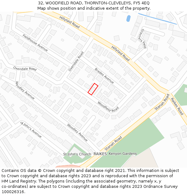 32, WOODFIELD ROAD, THORNTON-CLEVELEYS, FY5 4EQ: Location map and indicative extent of plot