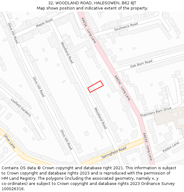 32, WOODLAND ROAD, HALESOWEN, B62 8JT: Location map and indicative extent of plot