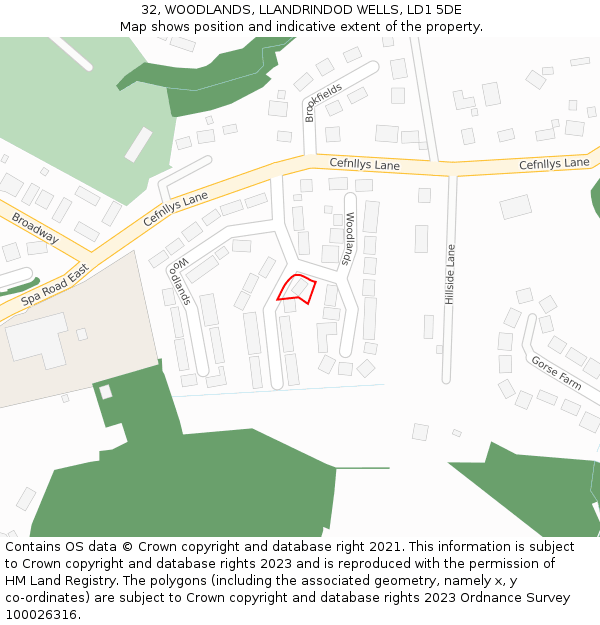 32, WOODLANDS, LLANDRINDOD WELLS, LD1 5DE: Location map and indicative extent of plot