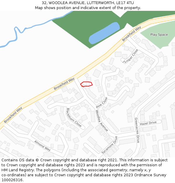 32, WOODLEA AVENUE, LUTTERWORTH, LE17 4TU: Location map and indicative extent of plot