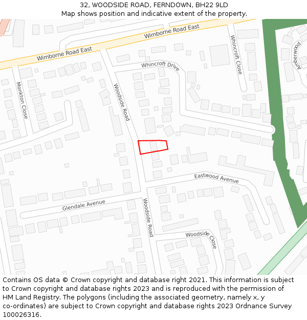 32, WOODSIDE ROAD, FERNDOWN, BH22 9LD: Location map and indicative extent of plot