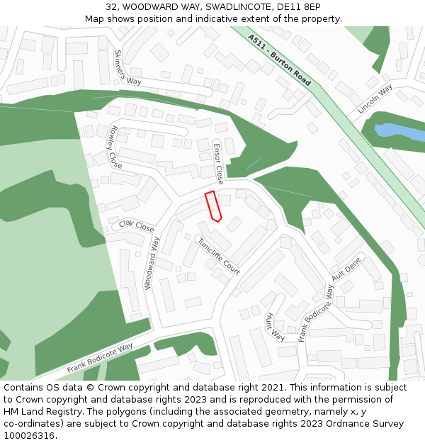 32, WOODWARD WAY, SWADLINCOTE, DE11 8EP: Location map and indicative extent of plot