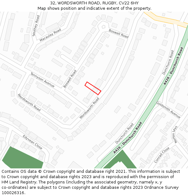 32, WORDSWORTH ROAD, RUGBY, CV22 6HY: Location map and indicative extent of plot