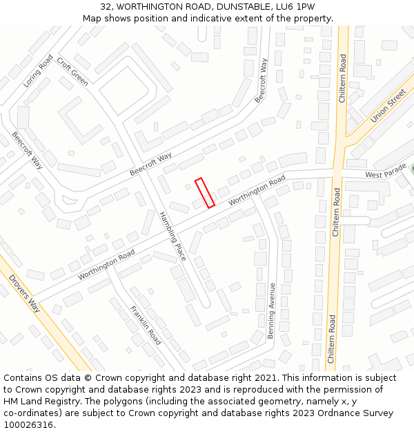 32, WORTHINGTON ROAD, DUNSTABLE, LU6 1PW: Location map and indicative extent of plot