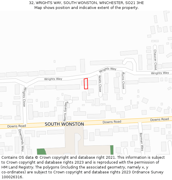 32, WRIGHTS WAY, SOUTH WONSTON, WINCHESTER, SO21 3HE: Location map and indicative extent of plot