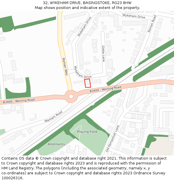 32, WYKEHAM DRIVE, BASINGSTOKE, RG23 8HW: Location map and indicative extent of plot